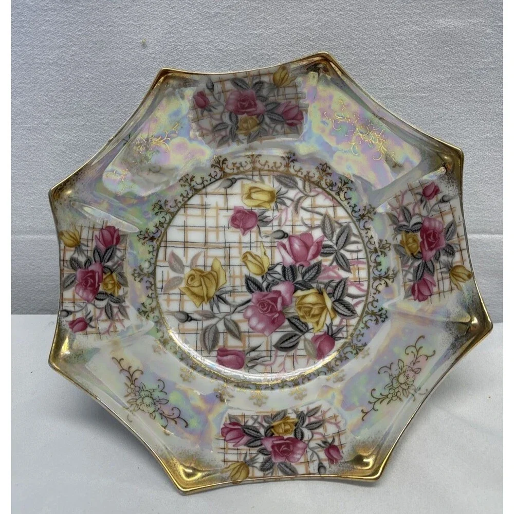 Rose Bowl Gala Vintage Trimont Ware Japan Iridescent Yellow Pink Roses Octagonal